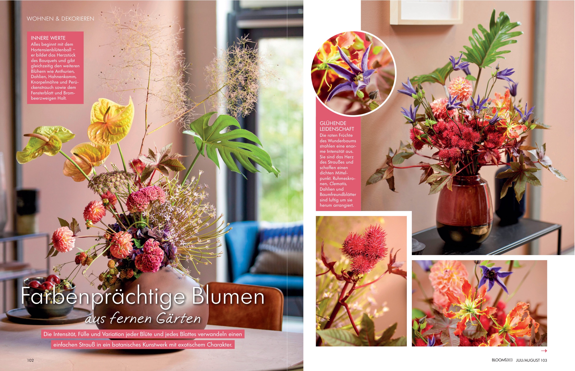 Heft-Doppelseite: „Farbenprächtige Blumen aus fernen Gärten“ — exotisches Gesteck